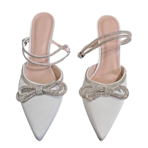 Susanny Size 12 Heel Womens White Satin Shoes Rhinestone Strappy Closed Toe Bow - Picture 3 of 7